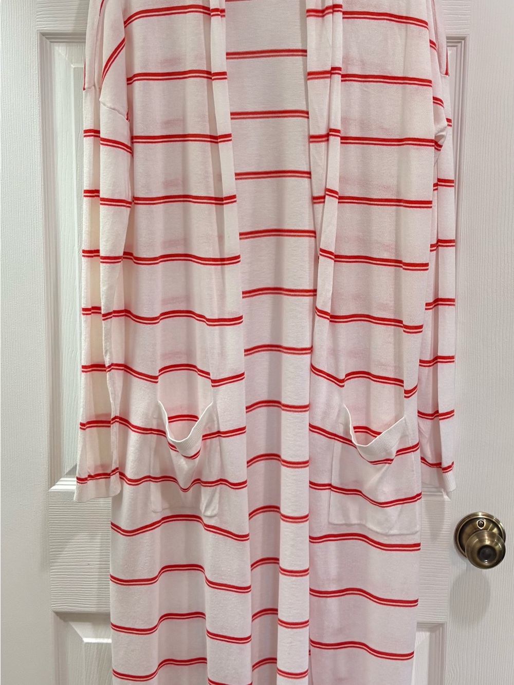 Lightweight White & Orange Striped Women's Long Cardigan